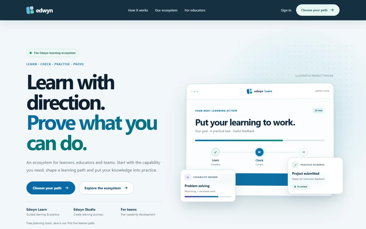 Edwyn’s public front page: “Learn with direction. Prove what you can do.”, with a preview of the learner app that Edwyn labels illustrative