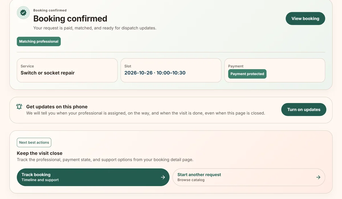 FixerJi’s booking confirmation, showing the service, the time slot and a “Payment protected” badge