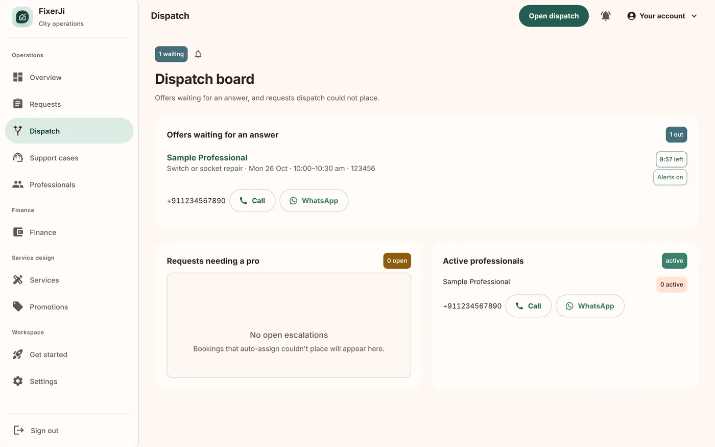 The operations console’s dispatch board with one offer out, a countdown, and the professional it is waiting on