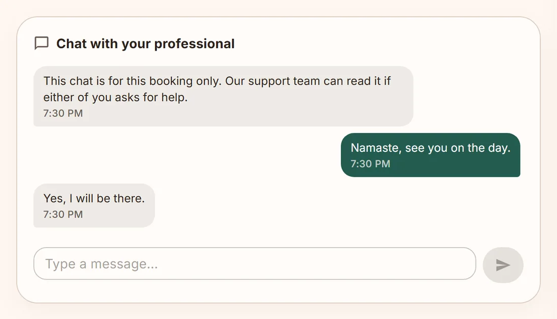 A booking’s private chat, with a first line saying it is for this booking only and that support can read it if either person asks for help