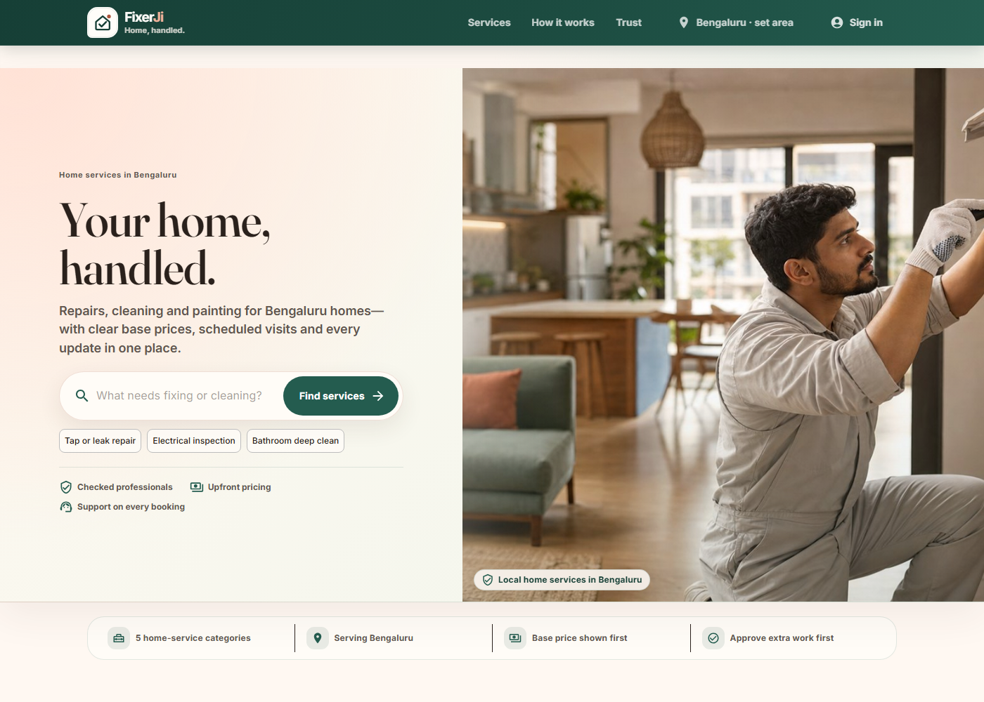 FixerJi homepage: home services in Bengaluru with upfront base prices