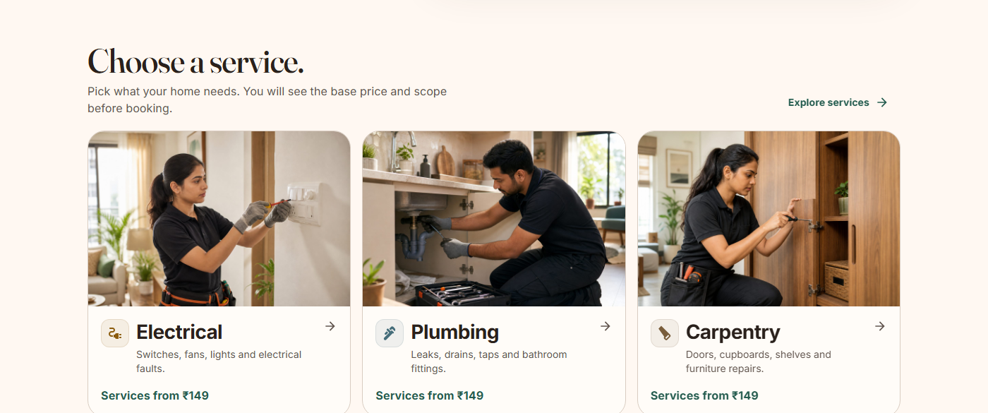 FixerJi service categories with starting prices